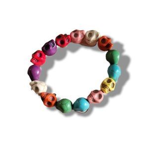 Rainbow Molded Polymer Skull Bead Stretch Bracelet 7"